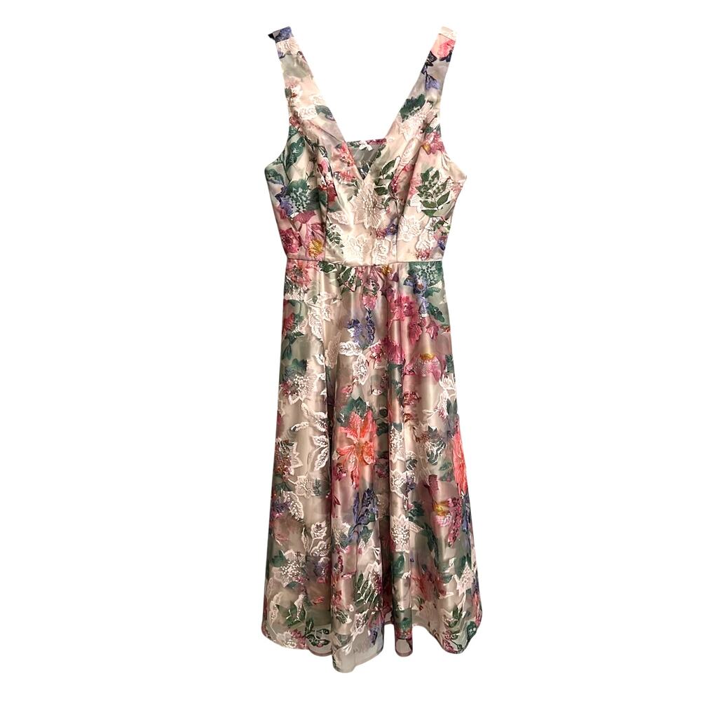 Eliza J Dress Womens 2 Blush Pink Floral Embroidered Mesh Midi Garden Party